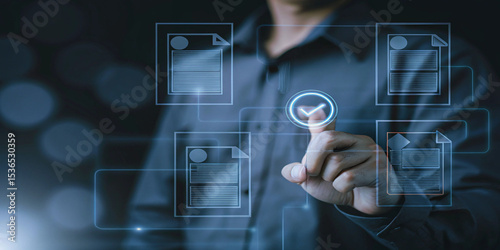 Digital Document Management System with Approval Workflow and Automation Man Interacting with Virtual Interface Business Technology