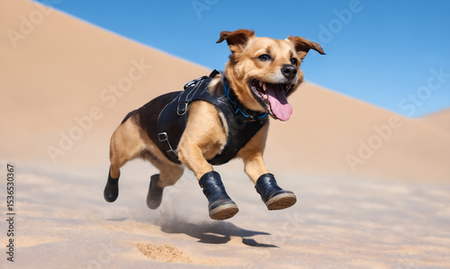 Funny dog wearing shoes playing on beach. Playful pet jumping. Animals