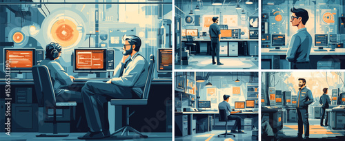 Programists in server room cartoon scenes. System administrators it worker staff personnel characters, multiple monitors network cables rack servers tech environment data cybersecurity illustration