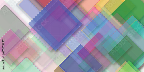 Abstract geometric background with overlapping colorful squares and soft shadows for modern design concepts