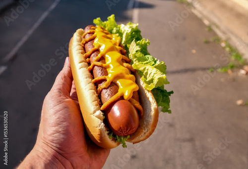 Hot dog in hand. Street food.