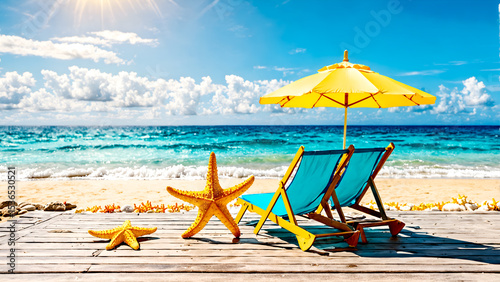 Sandy beach with umbrella and chair. Tropical holiday.