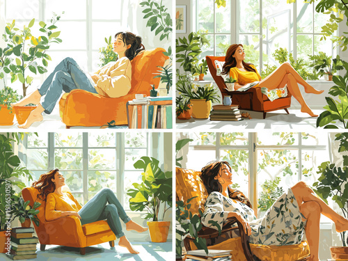 Relaxed woman smiling armchair cozy room cartoon vector scenes. Female lush plants large window natural light indoor greenery sunny home comfort carefree mood happy expression character, illustrations