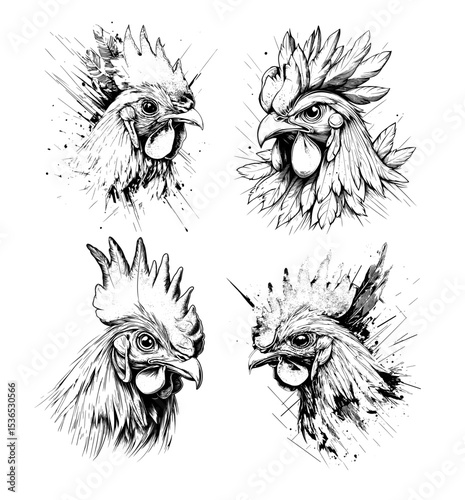 Rooster avatars black ink sketch vector set. Bird farm animal feathers rural life morning symbol poultry farming strutting plumage weathervane fresh eggs agricultural icon, isolated illustrations