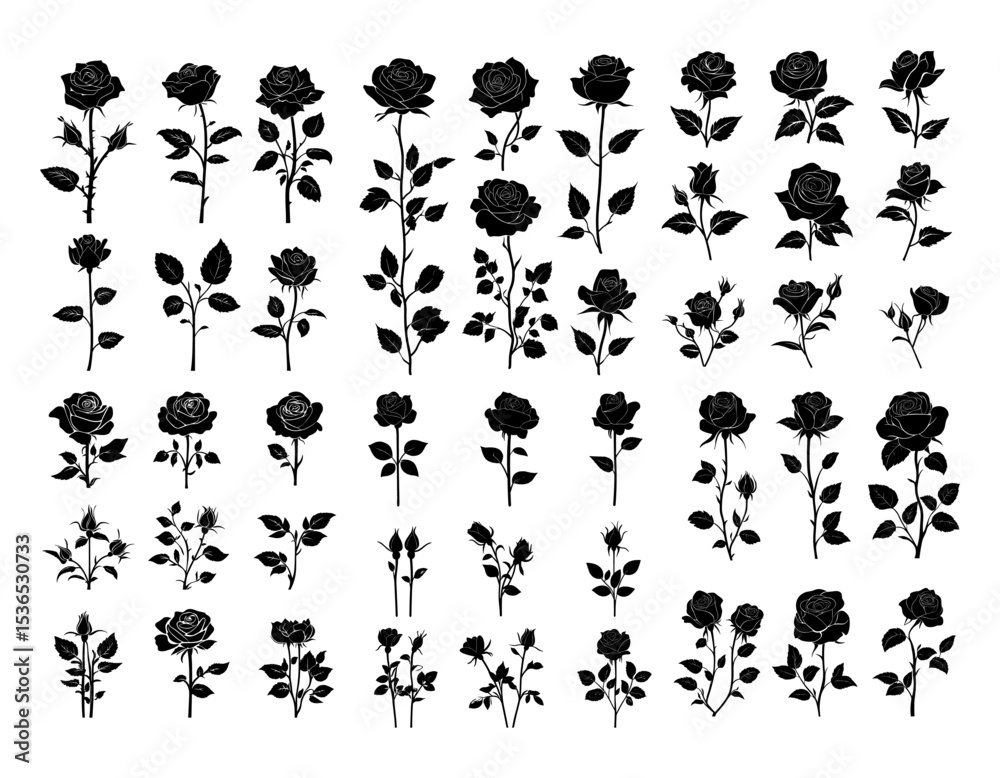 Fototapeta premium Roses flowers black ink vector set. Petals stems garden fresh blooms floral arrangement elegant bouquet wedding decor classic symbolism plants, charm flora isolated illustration on white background