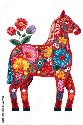 Swedish Dala horse illustration filled with colorful folk flowers