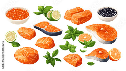 Salmon meat pink fillet cartoon vector set. Cuisine raw fish texture delicacy orange roe luxury ingredient sushi grade high protein meal seafood culinary art healthy food gourmet isolated
