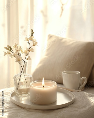 Serene morning still life with candle, flowers and warm natural light