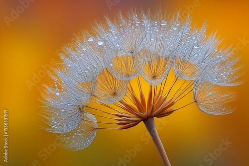 Delicate silverweed seed down caught in sunlight against a golden yellow backdrop