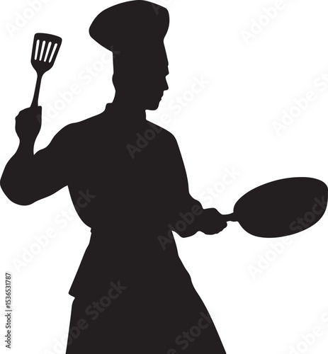 Chef with Spatula and Pan Silhouette - Professional Cook Vector
