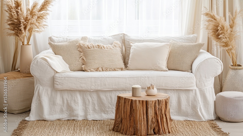 Fototapeta premium A comfortable, light-filled living room featuring a white linen sofa.