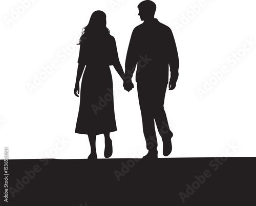 Couple Walking Hand in Hand Silhouette - Romantic Stroll Vector