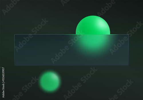 Dark glassmorphism panel with glowing green spheres