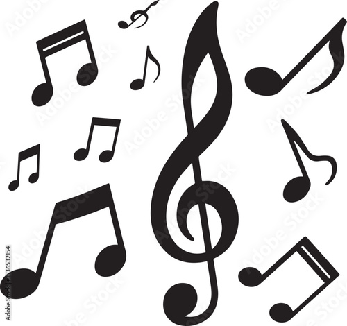 Music Notes and Treble Clef Silhouette - Musical Symbols Vector