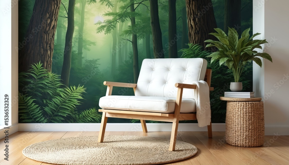 Minimalist interior design with white armchair and blanket. Wooden floor against white wall background with forest mural. Green plant, round rug, side table with books. Calm, relaxing atmosphere. Minimalist interior design with white armchair and blanket. Wooden floor against white wall background with forest mural. Green plant, round rug, side table with books. Calm, relaxing atmosphere.