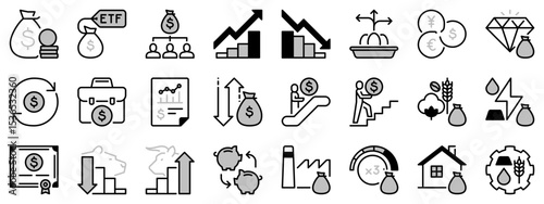 Icons in two tones about investment fund. Financial concept.