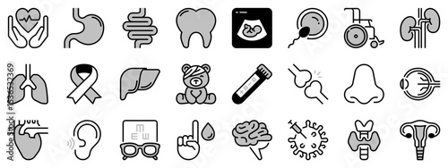 Icons in two tones about medical specialties. Health care
