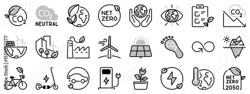 Icons in two tones about net zero. Sustainable development.