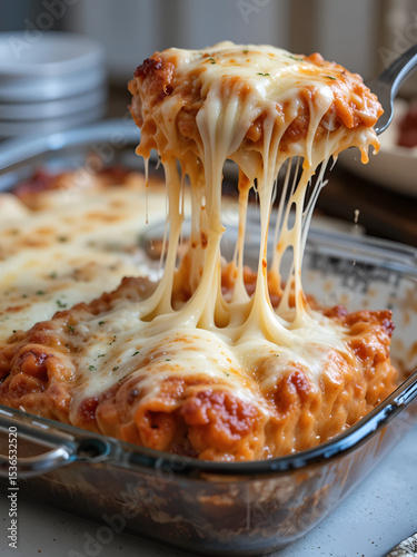 Baked lasagna with oozing melted cheese