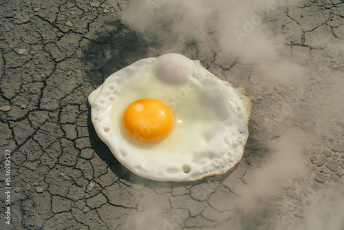 A perfectly fried egg rests on cracked earth steam rising evoking themes of drought fragility and food scarcity