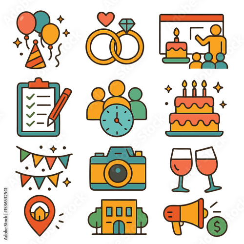 Event Planning Icons Colorful Guide for Parties, Weddings & More