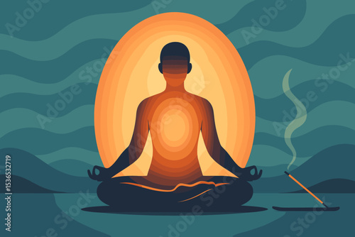 Serene Meditation Aura. Vector illustration of meditation and mindfulness with person sitting in lotus pose, glowing aura, incense