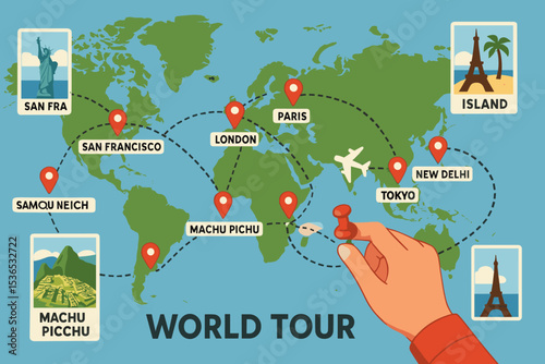 Dream Destinations Map. World tour idea. Vector illustration of map with marked cities, airplane routes, and dream destinations