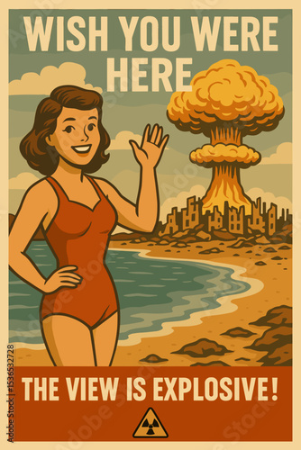 Young woman in swimsuit waving by the beach with mushroom cloud background - Concept of International Day for the Total Elimination of Nuclear Weapons