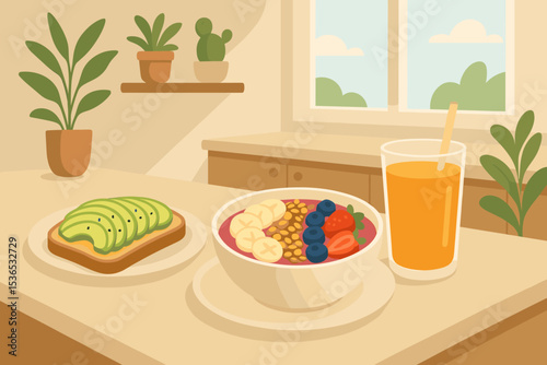 Nutritious Breakfast Spread. Vector illustration of nutritious breakfast setup with avocado toast, smoothie bowl, fresh juice, and