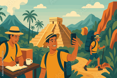 Solo Adventure Journey. Solo travel experience. Vector illustration of lone traveler journaling, taking selfies, and hiking