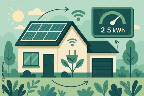Smart Home Efficiency. Vector illustration of energy-efficient smart home with solar panels, real-time consumption display, and