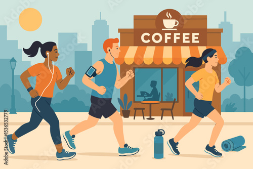 Morning Joggers in City. Vector illustration of early morning joggers in the city, coffee shop in background, and fitness