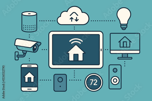 Smart Home Ecosystem. Vector illustration of smart home ecosystem with central hub, cloud synchronization, and multi-device