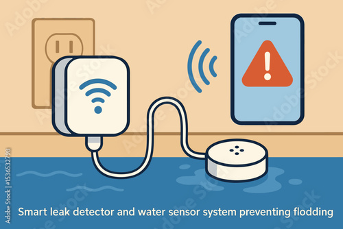 Smart Leak Detector. Vector illustration of smart leak detector and water sensor system preventing home flooding with instant