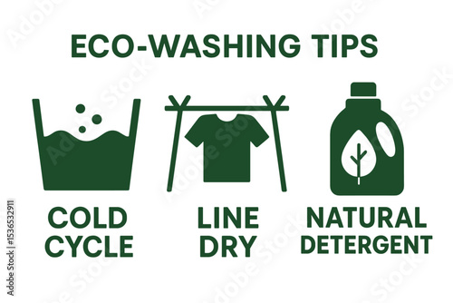 Eco-Washing Care Symbols. Vector illustration of clothing care symbols with eco-washing tips: cold cycle, line dry, and natural