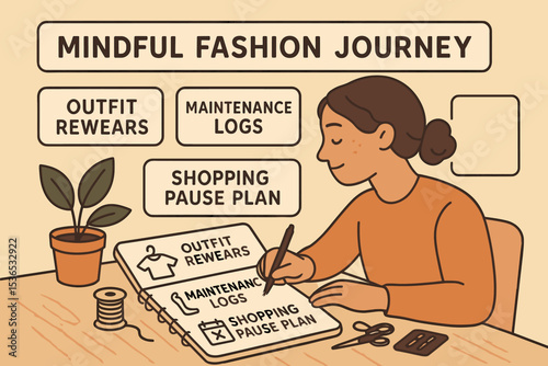 Sustainable Fashion Journey. Mindful fashion journey — Vector illustration of person journaling outfit rewears, maintenance logs,