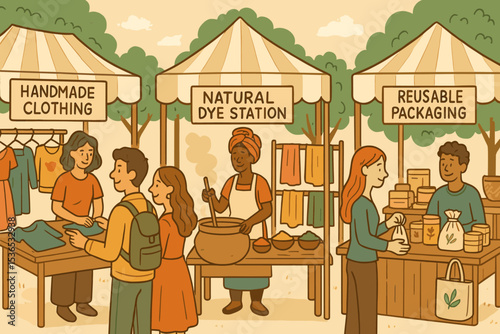 Vibrant Artisan Market. Illustration of local artisan market with handmade clothing booths, natural dye station, and reusable
