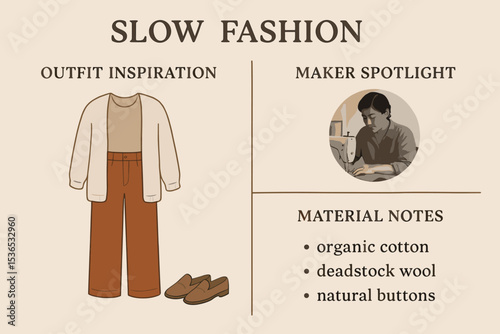 Slow Fashion Showcase. Illustration of slow fashion brand’s social media post template with outfit inspiration, maker spotlight,