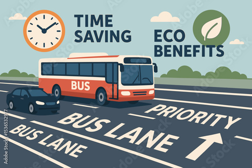 Priority Lanes Illustration. Vector illustration of public transport priority lanes marked on road with time-saving and eco
