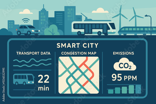 Smart City Dashboard. Vector illustration of smart city control panel with real-time transport data, congestion map, and emissions