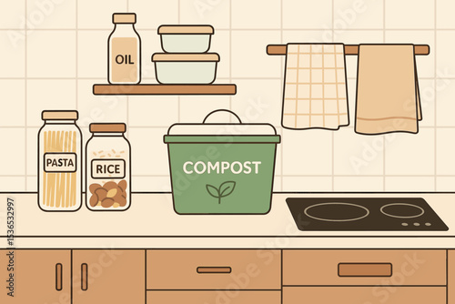 Eco-Friendly Kitchen. Vector illustration of kitchen featuring reusable containers, compost bin, induction stove, and cloth towels