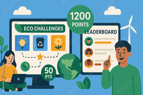 Eco Challenge Leaderboard. Vector illustration of gameified learning platform with eco-challenges, points, and leaderboard focused