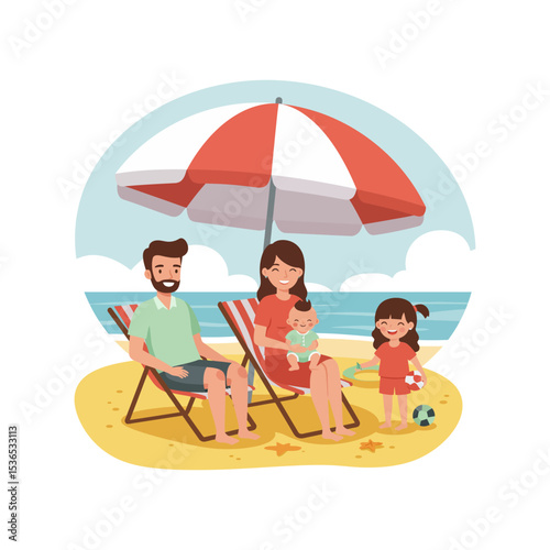 Relaxing Family Vacation by the Seaside – Flat Vector Illustration