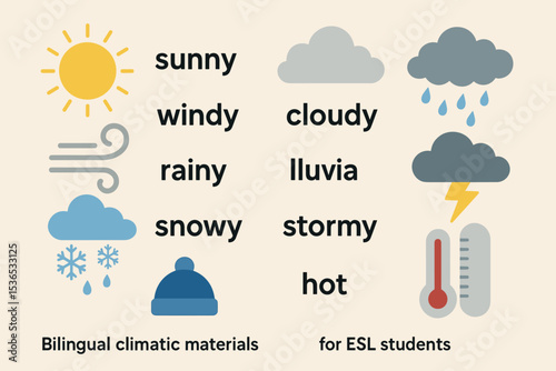 Bilingual Climate Learning. Vector illustration of bilingual climate materials with side-by-side phrases and matching visuals for