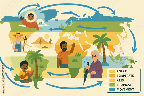 Global Climate Map. Vector illustration of global climate map activity with local stories, climate zones, and movement arrows