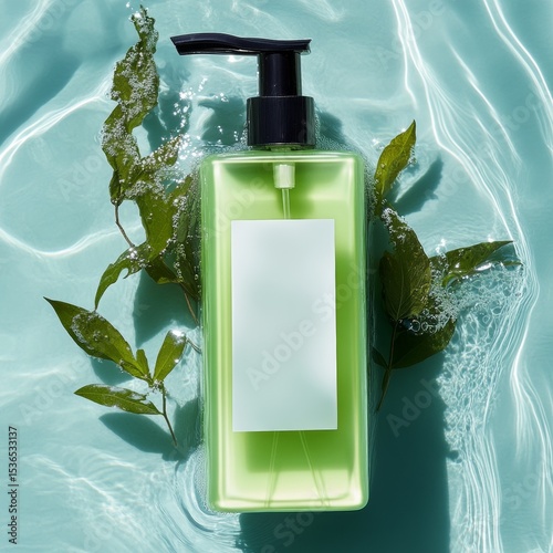 Green liquid soap dispenser with pump on water surface surrounded by leaves, showcasing freshness and cleanliness, ideal for product mockup and branding purposes
