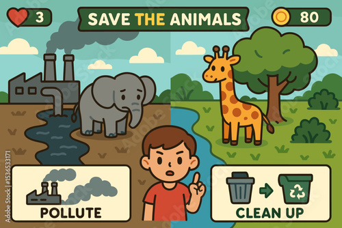 Eco-Savvy Animal Rescue. Vector illustration of game interface showing player saving animals by making smart environmental choices