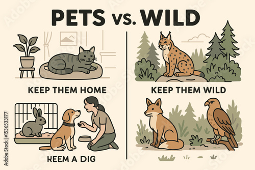 Wild vs. Domestic. Vector illustration of pets vs. wild campaign showing why wild animals should stay wild through comparison