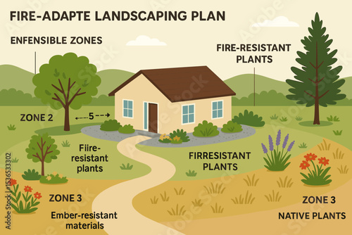 Fire-Adaptive Landscaping Design. Vector illustration of fire-adapted landscaping plan with defensible zones, native plants, and
