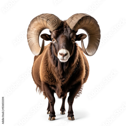 A majestic brown ram with thick wool and impressive curved horns, isolated on a white background.